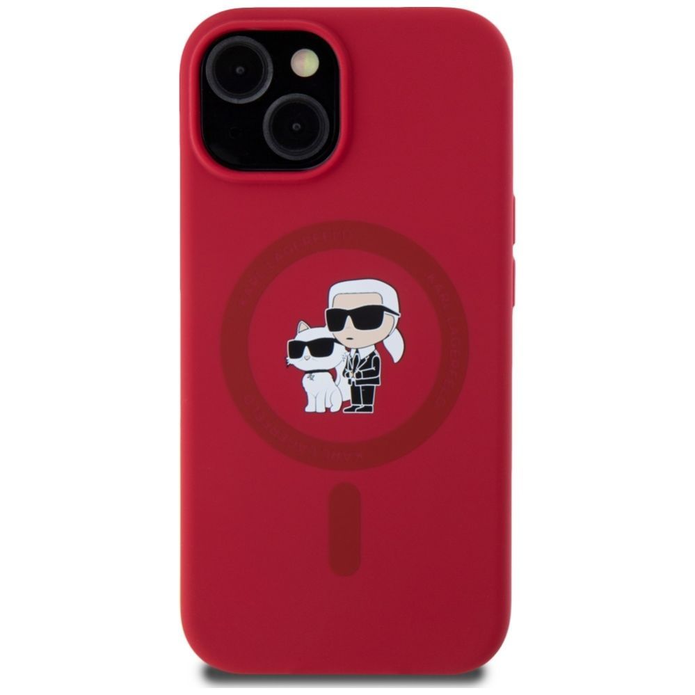 Citas preces Karl Lagerfeld Karl Lagerfeld Silicone Karl&Choupette Heads Ring MagSafe iPhone 15 Case - Red