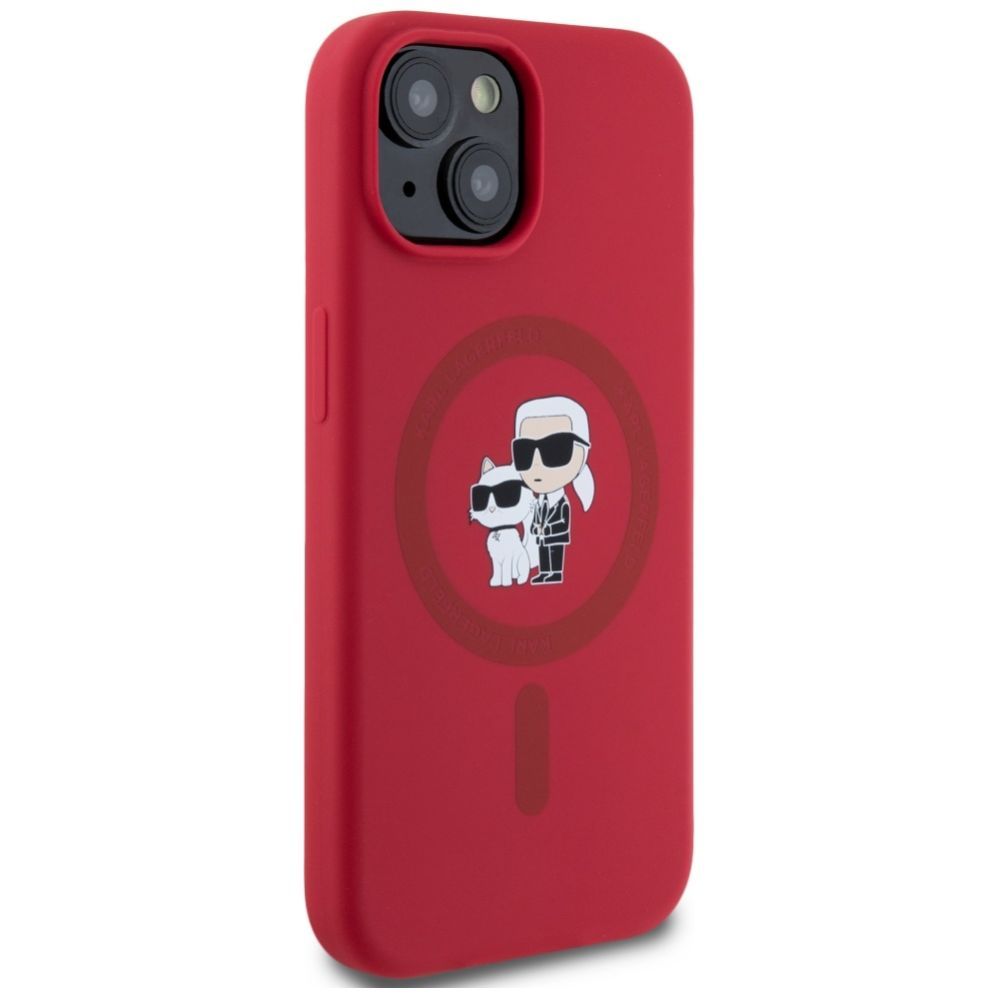 Citas preces Karl Lagerfeld Karl Lagerfeld Silicone Karl&Choupette Heads Ring MagSafe iPhone 15 Case - Red