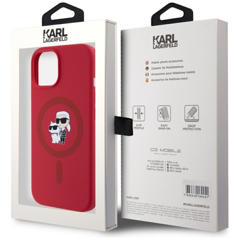 Citas preces Karl Lagerfeld Karl Lagerfeld Silicone Karl&Choupette Heads Ring MagSafe iPhone 15 Case - Red
