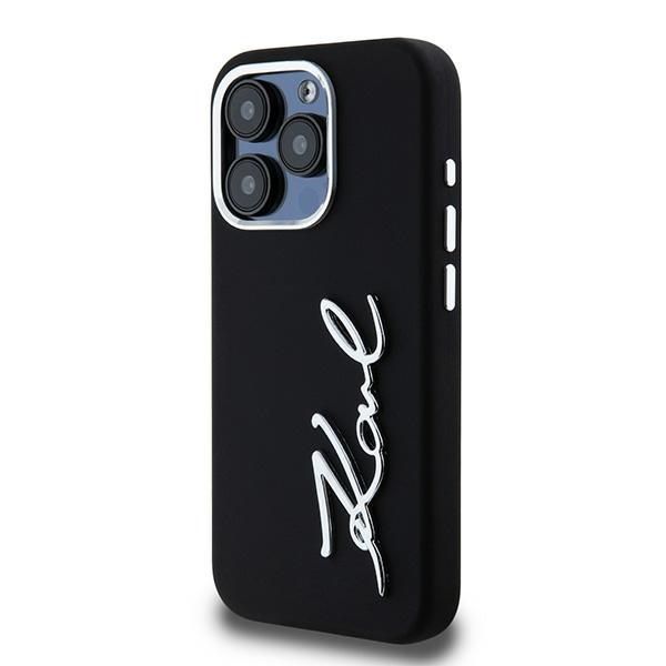 Citas preces Karl Lagerfeld Karl Lagerfeld Silicone Metal Script Logo iPhone 15 Pro Max Case - Black