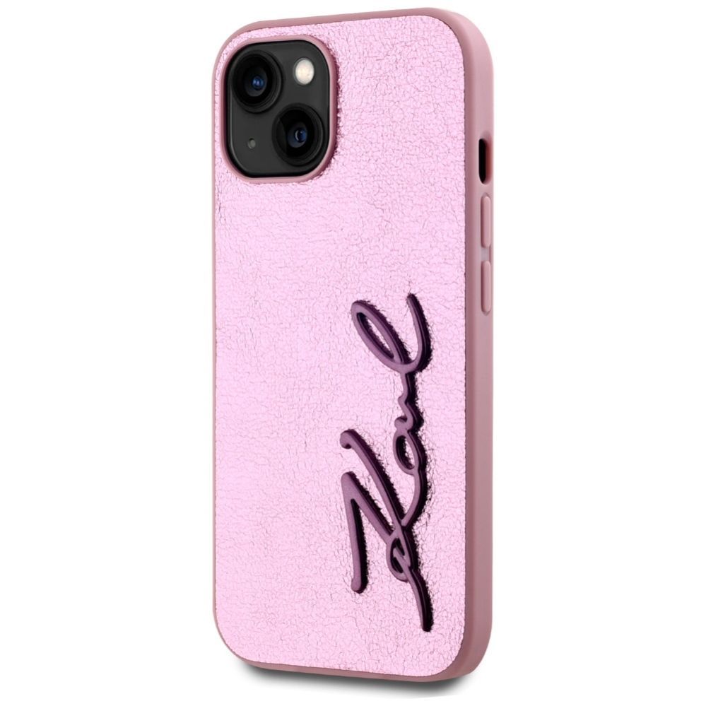 Citas preces Karl Lagerfeld Karl Lagerfeld Wrinkled Metal Signature iPhone 15 Case - Pink