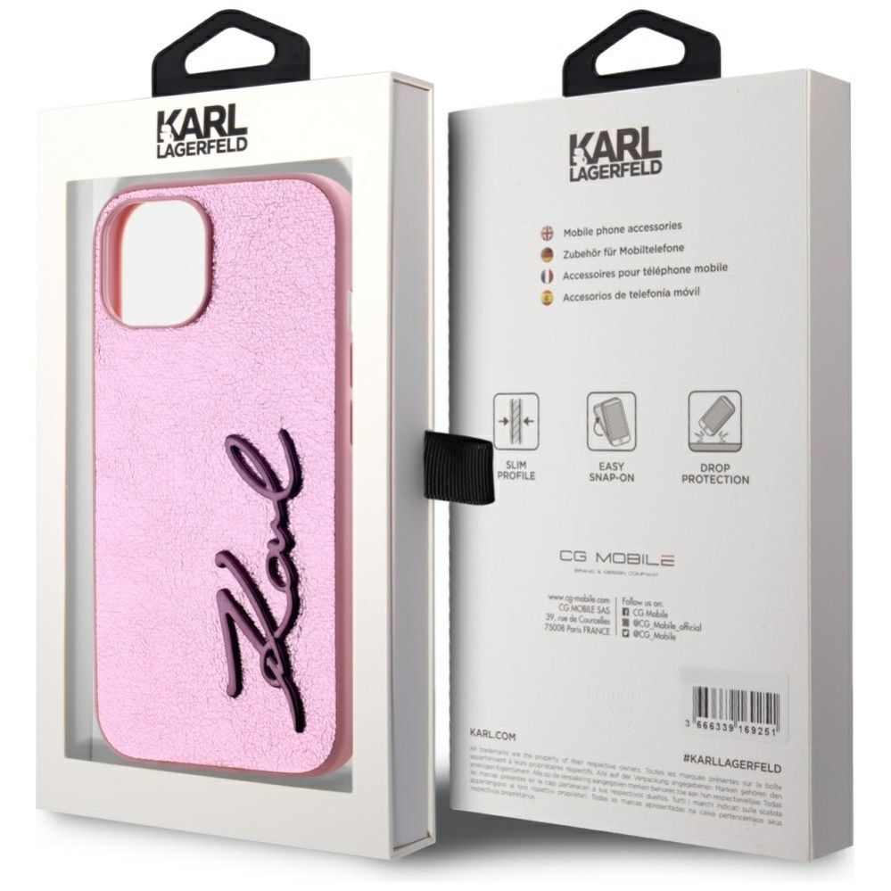 Citas preces Karl Lagerfeld Karl Lagerfeld Wrinkled Metal Signature iPhone 15 Case - Pink