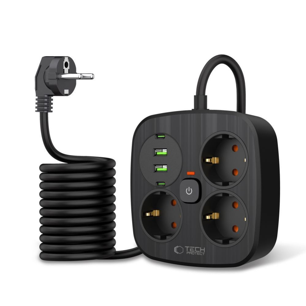 Kitos prekės Tech-Protect Tech-Protect PCS3X4 power strip, 3 sockets, 2xUSB-A, 2xUSB-C 200 cm - black