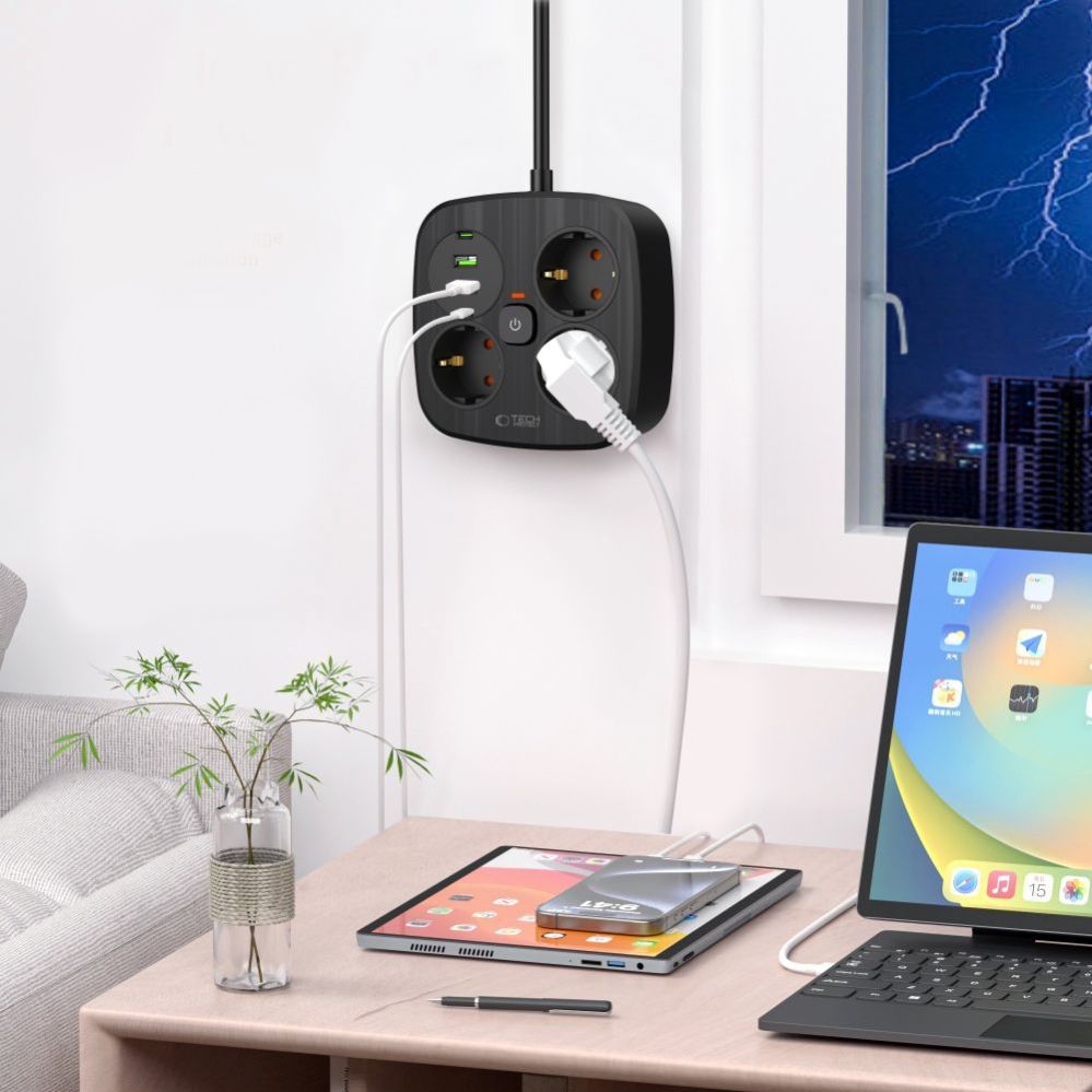 Kitos prekės Tech-Protect Tech-Protect PCS3X4 power strip, 3 sockets, 2xUSB-A, 2xUSB-C 200 cm - black