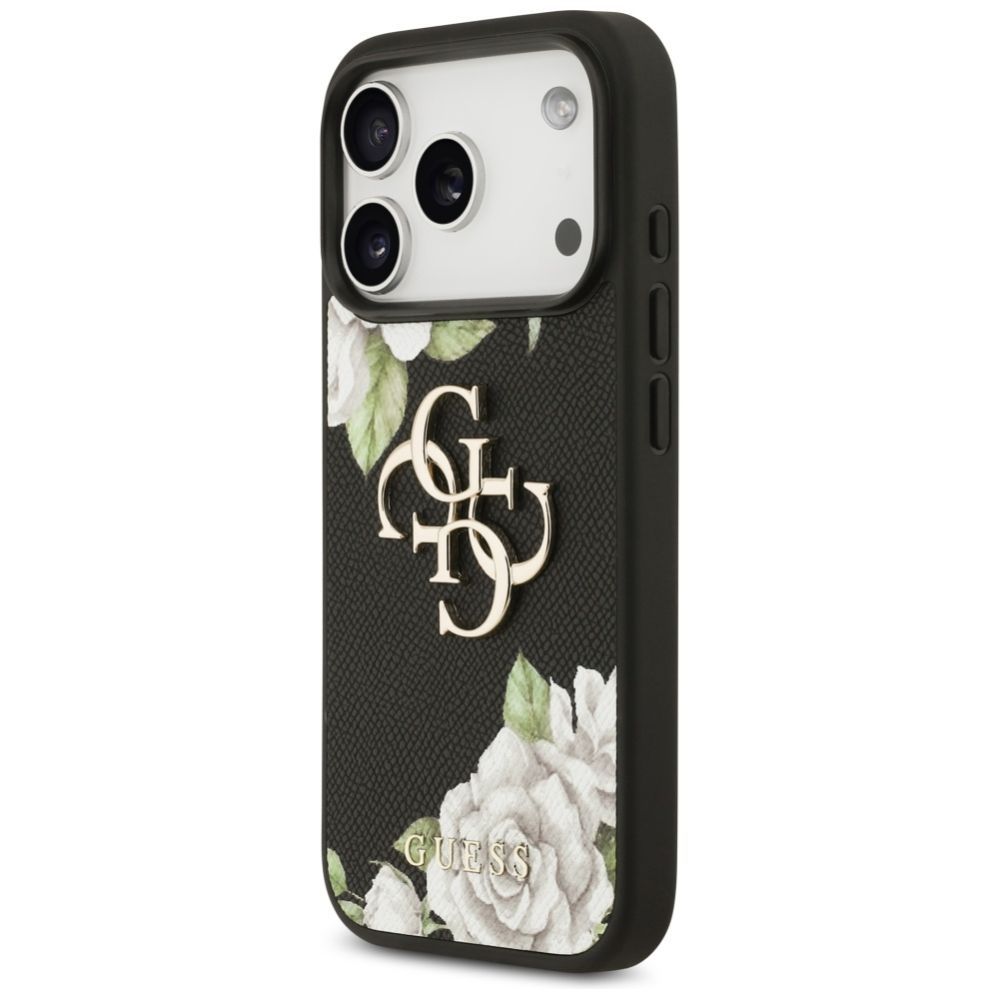 Citas preces Guess Guess Grained Roses & Big 4G Logo iPhone 17 Pro Case - Black