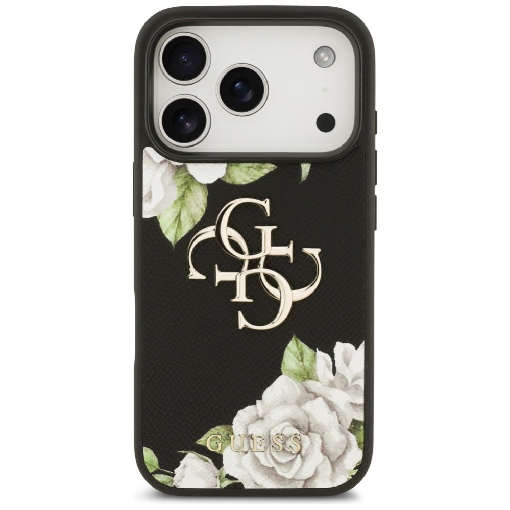Citas preces Guess Guess Grained Roses & Big 4G Logo iPhone 17 Pro Case - Black