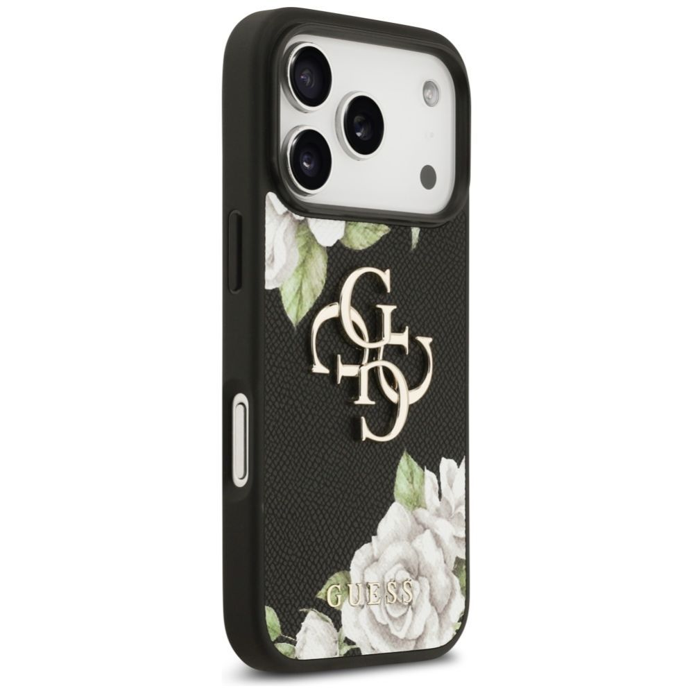 Citas preces Guess Guess Grained Roses & Big 4G Logo iPhone 17 Pro Case - Black