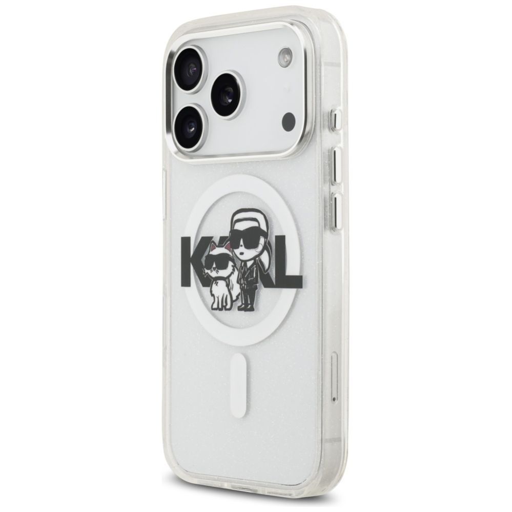 Citas preces Karl Lagerfeld Karl Lagerfeld IML Glitter Karl & Choupette Sketch Logo MagSafe Case for iPhone 17 Pro - Clear