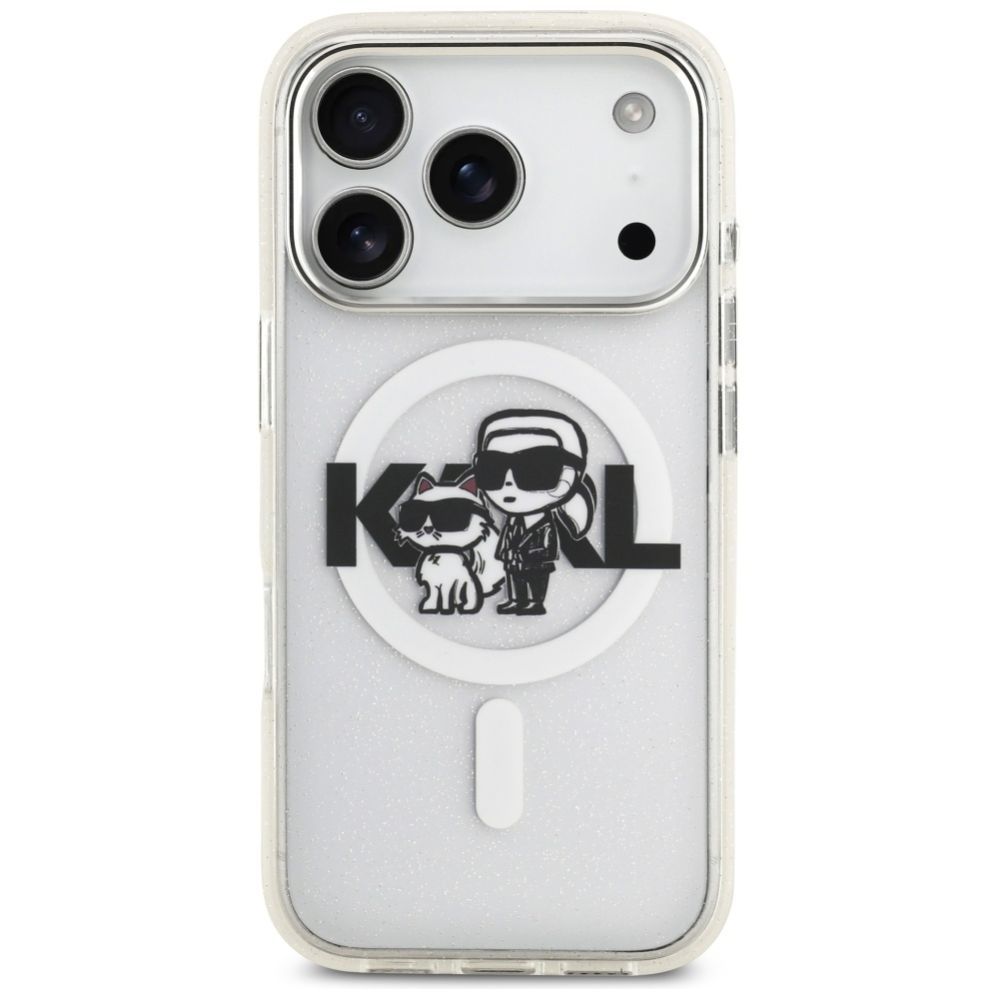 Citas preces Karl Lagerfeld Karl Lagerfeld IML Glitter Karl & Choupette Sketch Logo MagSafe Case for iPhone 17 Pro - Clear