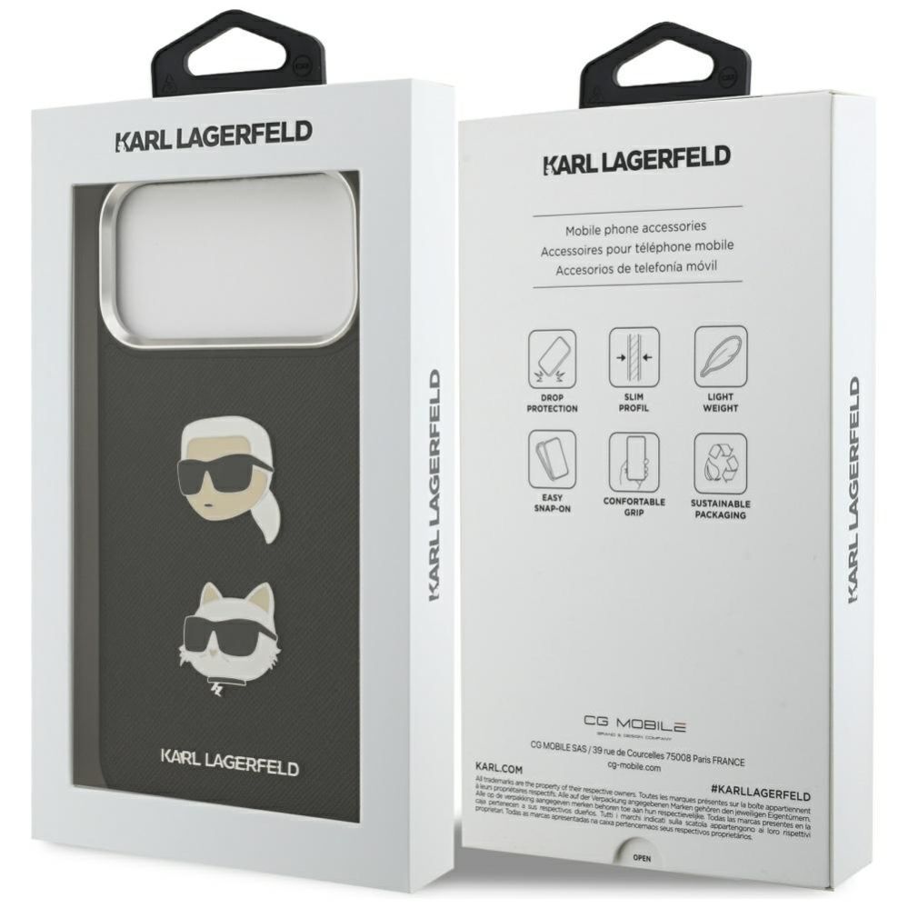 Kitos prekės Karl Lagerfeld Karl Lagerfeld FW Grained Karl & Choupette Heads Pins & Logo iPhone 17 Pro Max Case - Black