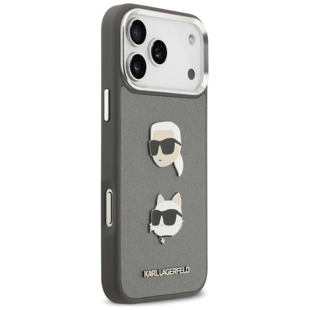 Kitos prekės Karl Lagerfeld Karl Lagerfeld FW Grained Karl & Choupette Heads Pins & Logo iPhone 17 Pro Max Case - Gray