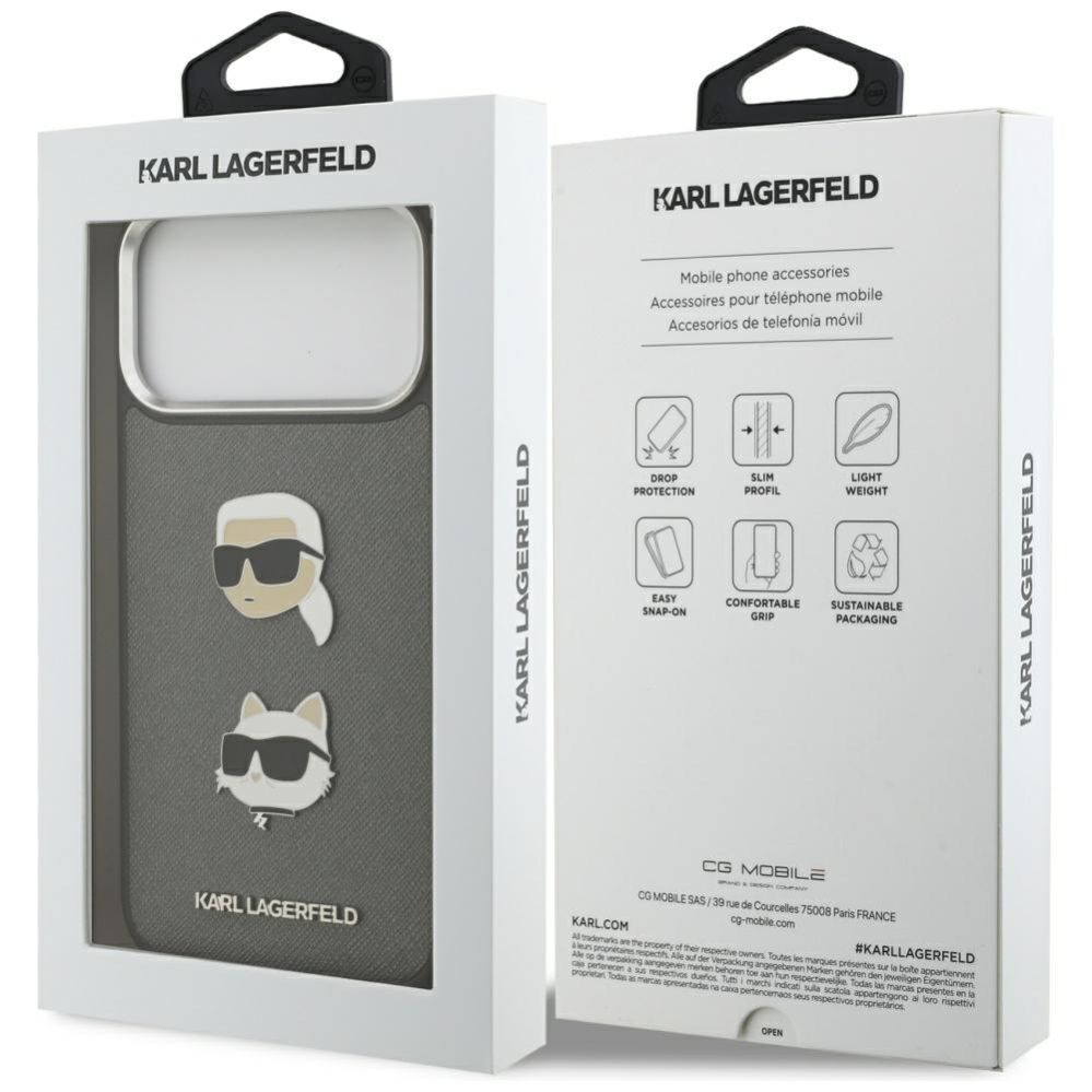 Kitos prekės Karl Lagerfeld Karl Lagerfeld FW Grained Karl & Choupette Heads Pins & Logo iPhone 17 Pro Max Case - Gray