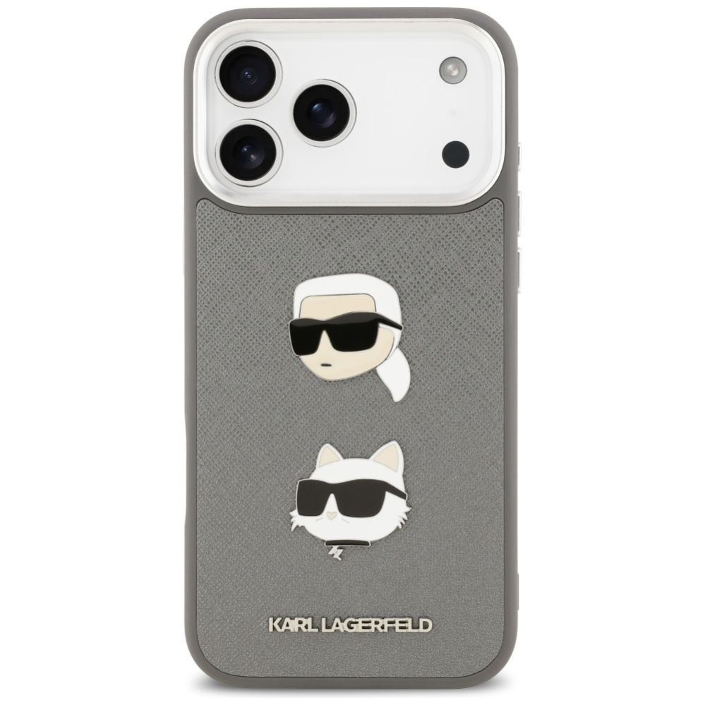 Kitos prekės Karl Lagerfeld Karl Lagerfeld FW Grained Karl & Choupette Heads Pins & Logo iPhone 17 Pro Max Case - Gray