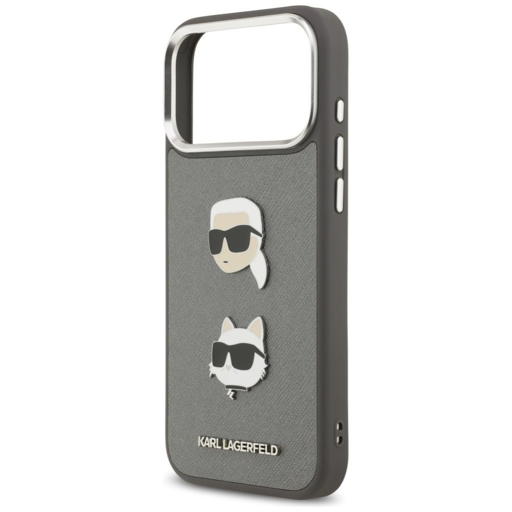 Kitos prekės Karl Lagerfeld Karl Lagerfeld FW Grained Karl & Choupette Heads Pins & Logo iPhone 17 Pro Max Case - Gray