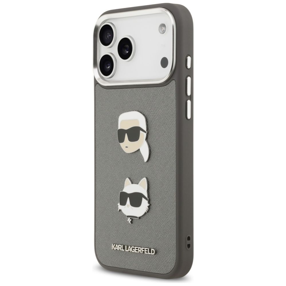 Kitos prekės Karl Lagerfeld Karl Lagerfeld FW Grained Karl & Choupette Heads Pins & Logo iPhone 17 Pro Max Case - Gray