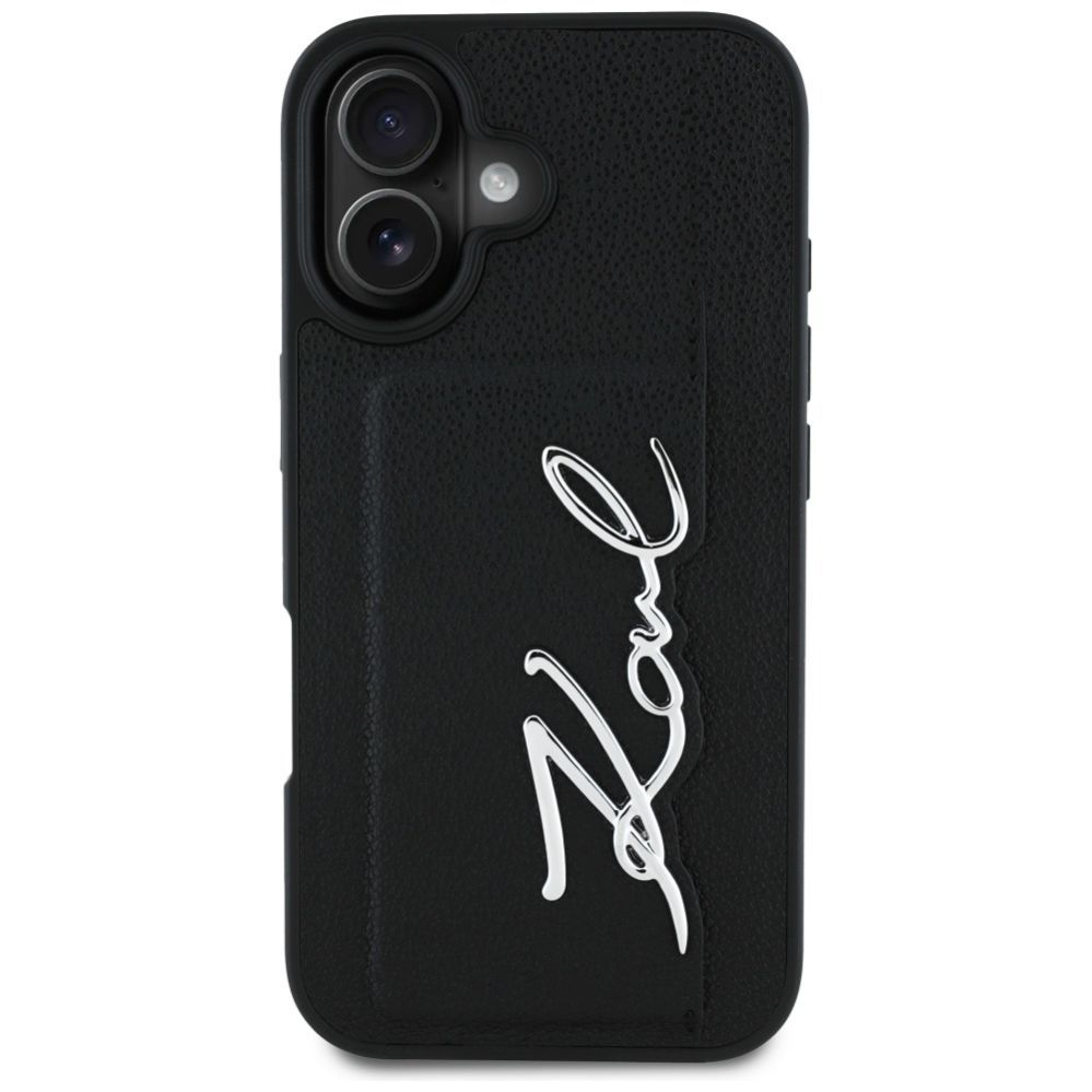 Kitos prekės Karl Lagerfeld Karl Lagerfeld HC Grained PU Cardslot Metal Signature iPhone 16 Case - Black