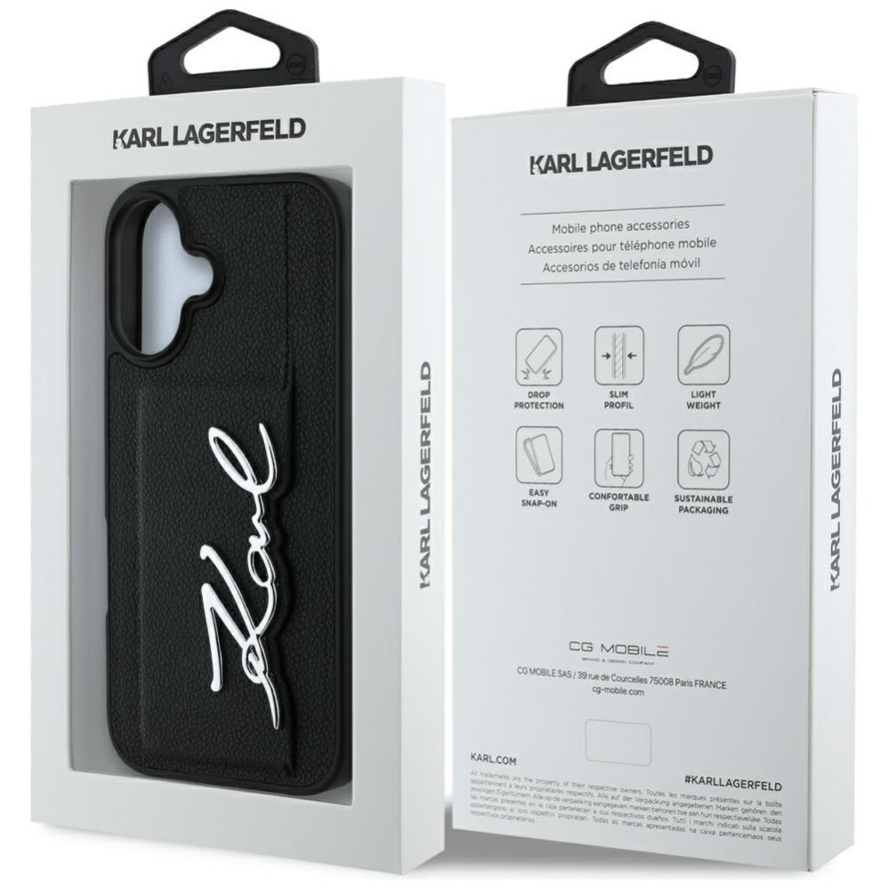 Kitos prekės Karl Lagerfeld Karl Lagerfeld HC Grained PU Cardslot Metal Signature iPhone 16 Case - Black