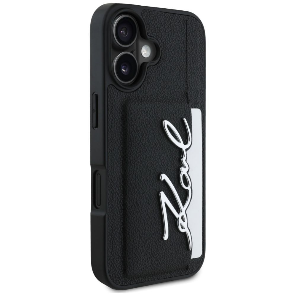 Kitos prekės Karl Lagerfeld Karl Lagerfeld HC Grained PU Cardslot Metal Signature iPhone 16 Case - Black