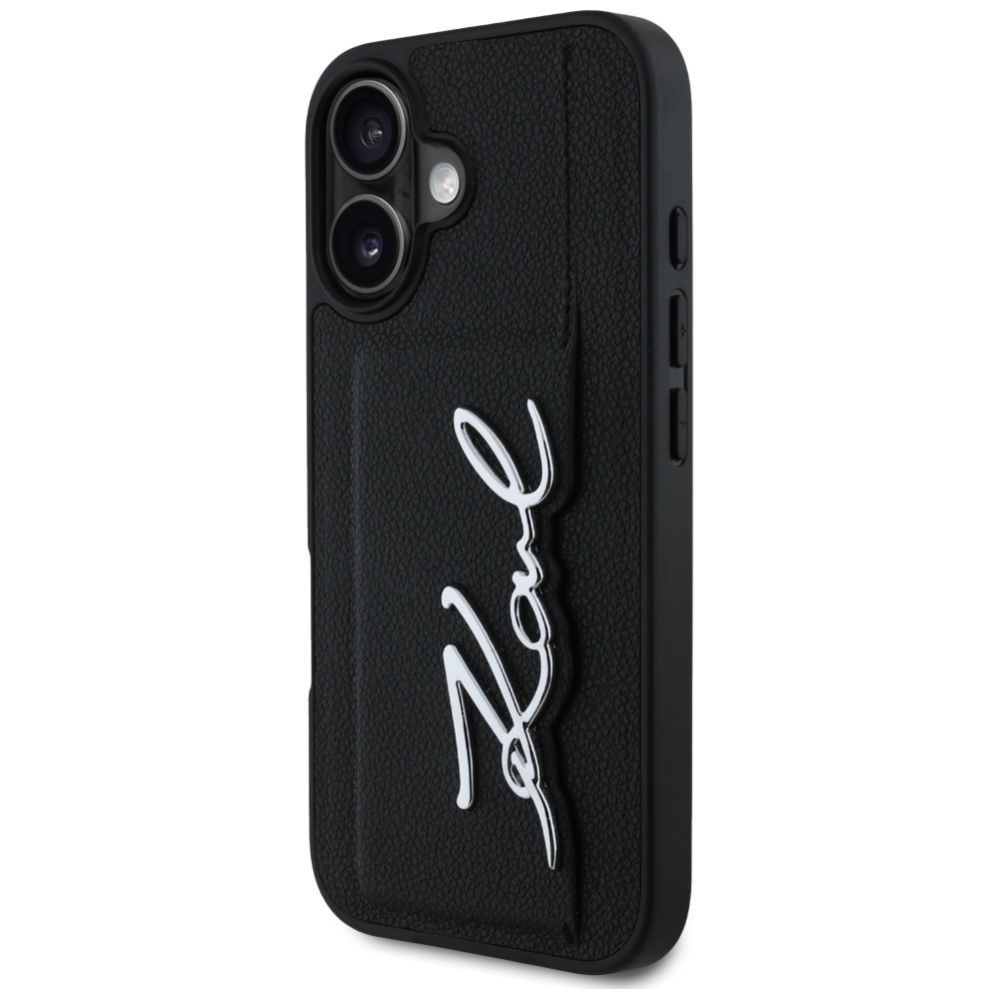 Kitos prekės Karl Lagerfeld Karl Lagerfeld HC Grained PU Cardslot Metal Signature iPhone 16 Case - Black
