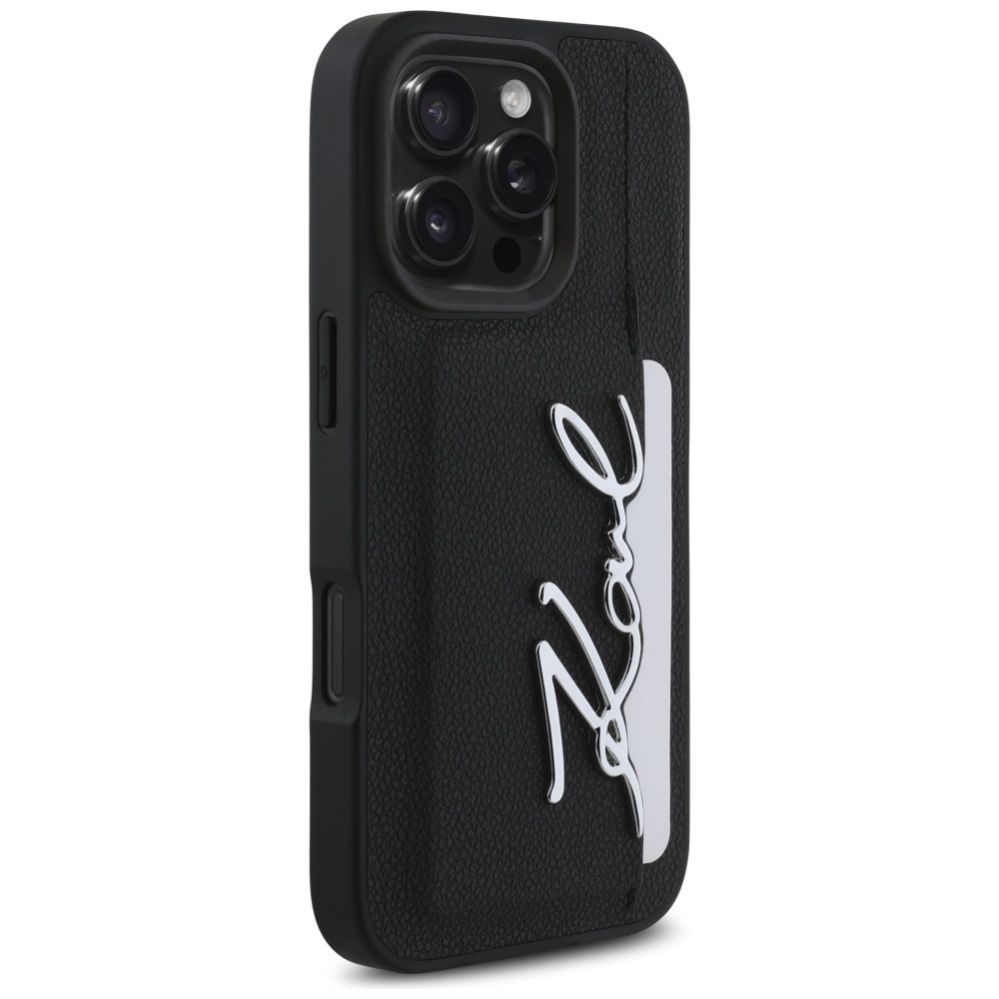 Kitos prekės Karl Lagerfeld Karl Lagerfeld HC Grained PU Cardslot Metal Signature iPhone 16 Pro Case - Black