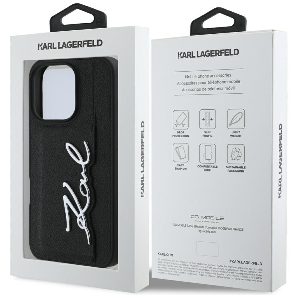 Kitos prekės Karl Lagerfeld Karl Lagerfeld HC Grained PU Cardslot Metal Signature iPhone 16 Pro Max Case - Black