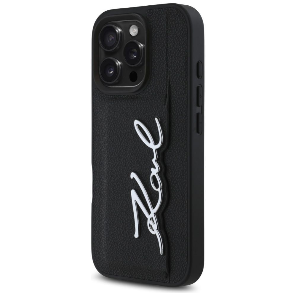 Kitos prekės Karl Lagerfeld Karl Lagerfeld HC Grained PU Cardslot Metal Signature iPhone 16 Pro Max Case - Black