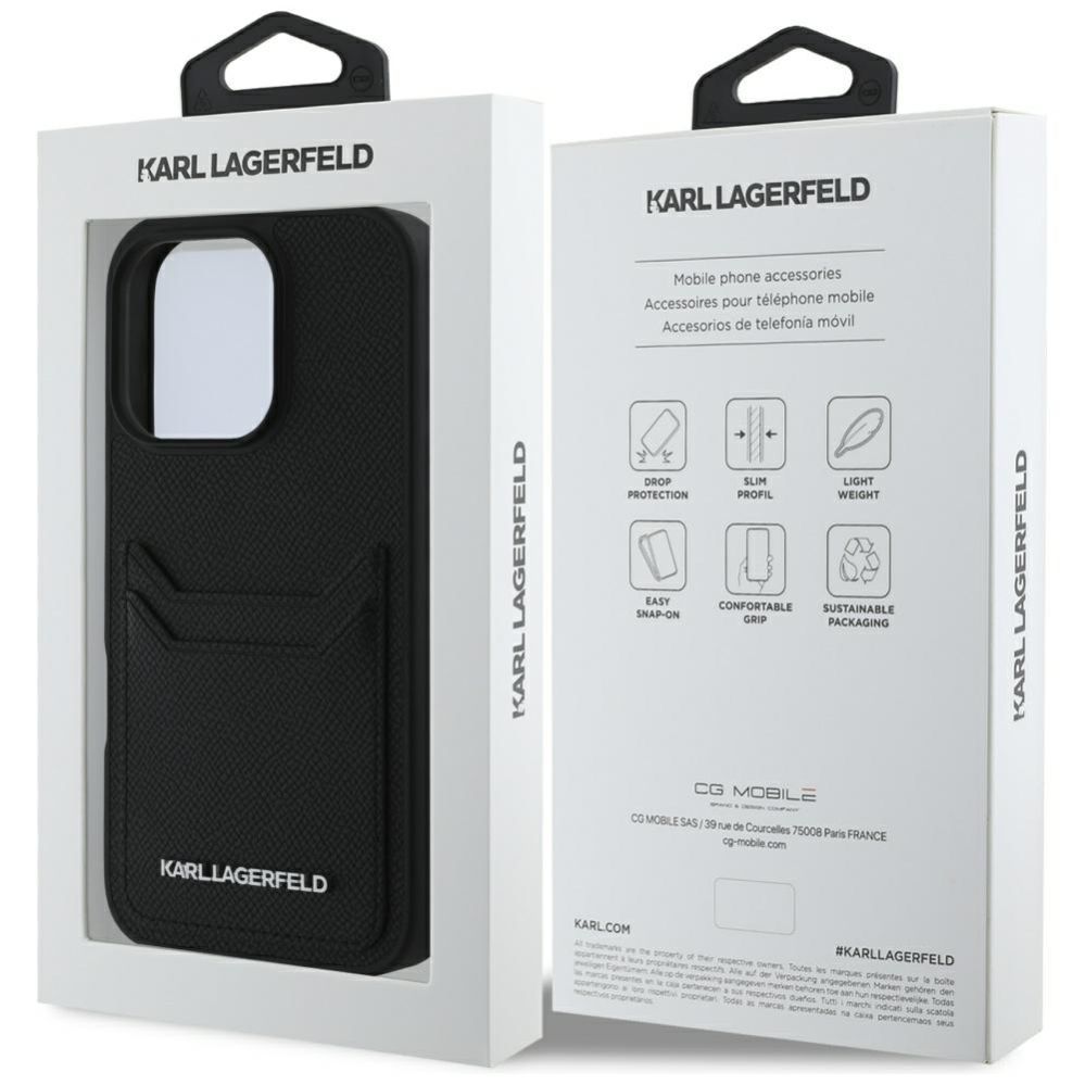 Kitos prekės Karl Lagerfeld Karl Lagerfeld HC Grained PU Cardslot Metal Elong Case for iPhone 16 Pro Max - Black