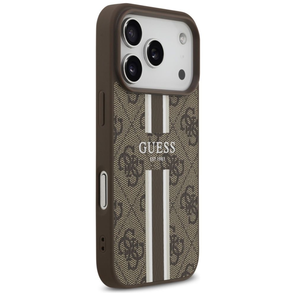 Citas preces Guess Guess 4G Printed Stripes MagSafe case for iPhone 17 Pro - brown