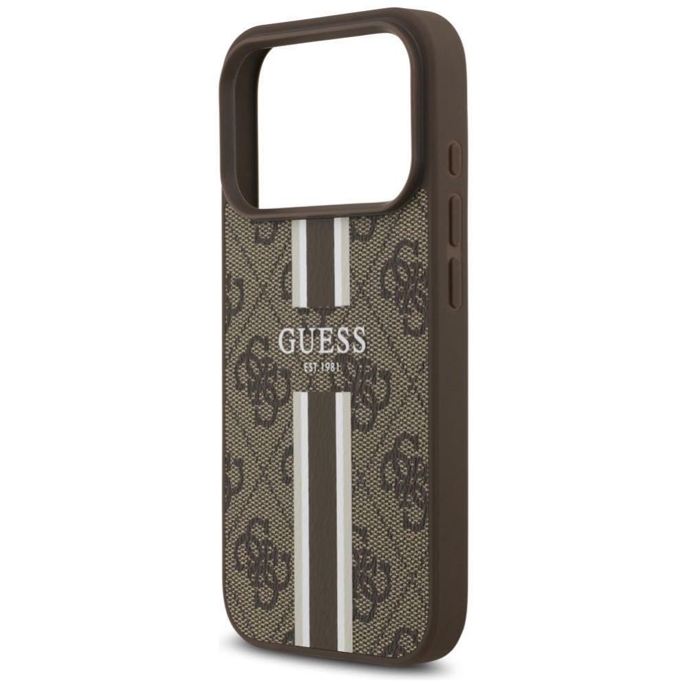 Citas preces Guess Guess 4G Printed Stripes MagSafe case for iPhone 17 Pro - brown