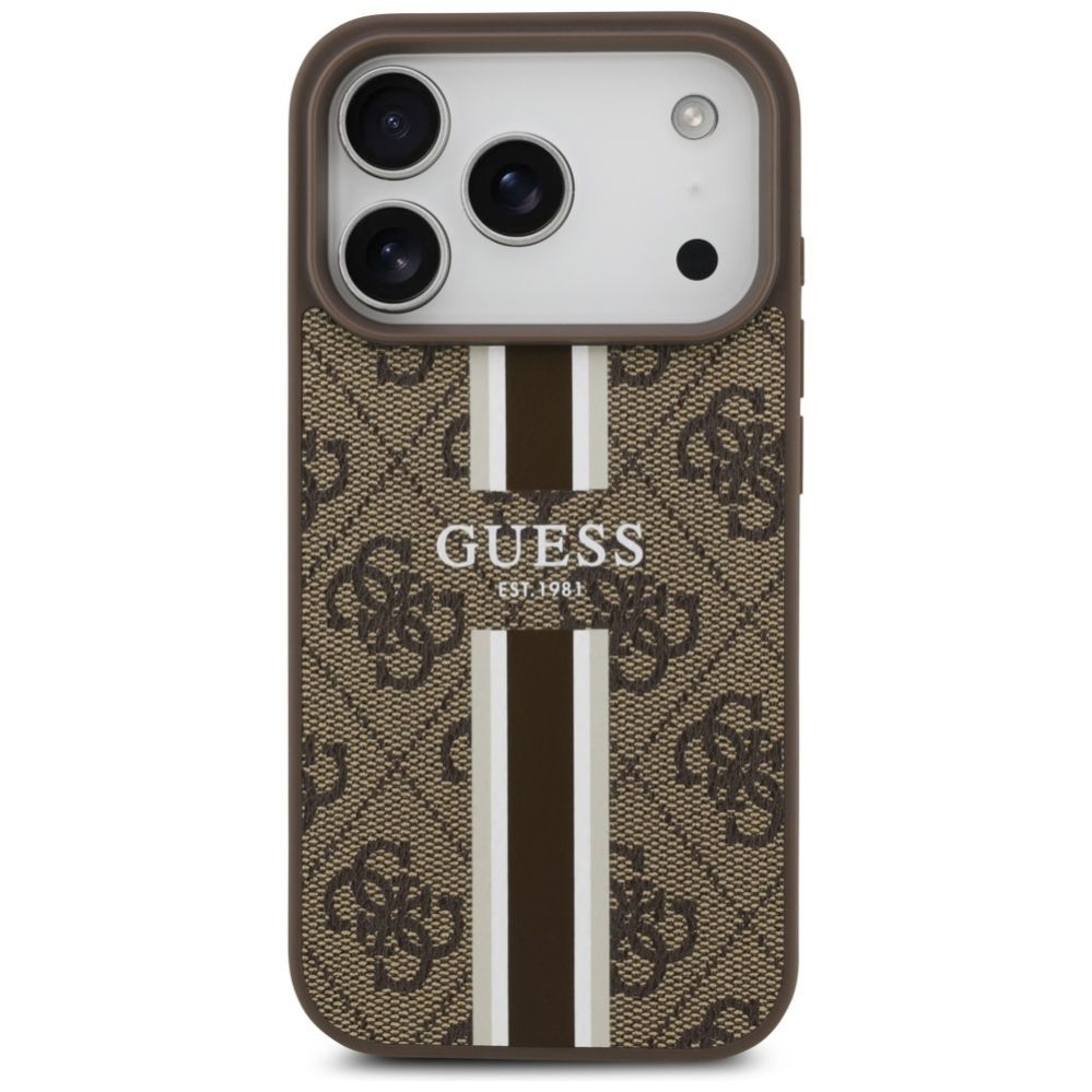 Citas preces Guess Guess 4G Printed Stripes MagSafe case for iPhone 17 Pro - brown