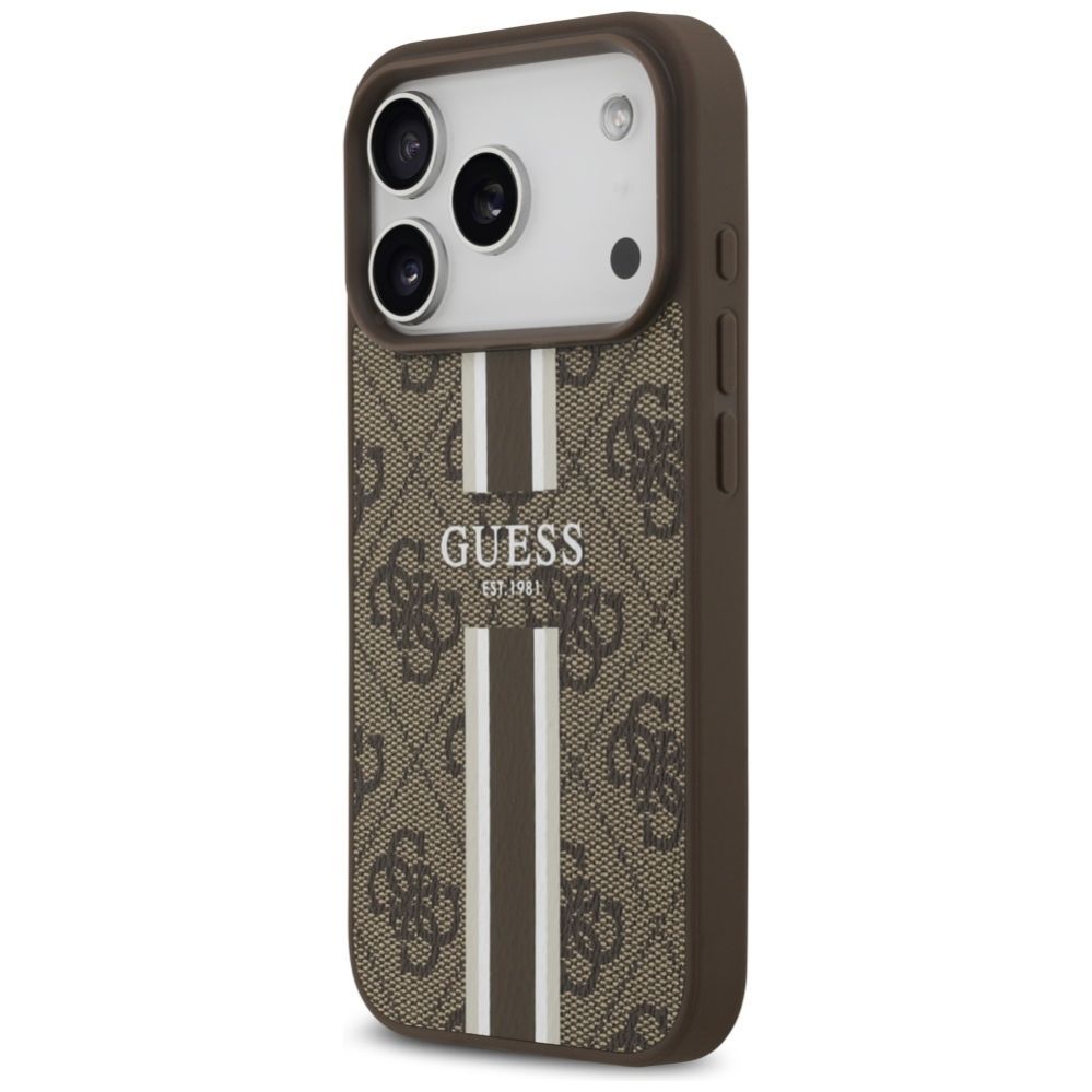 Citas preces Guess Guess 4G Printed Stripes MagSafe case for iPhone 17 Pro - brown