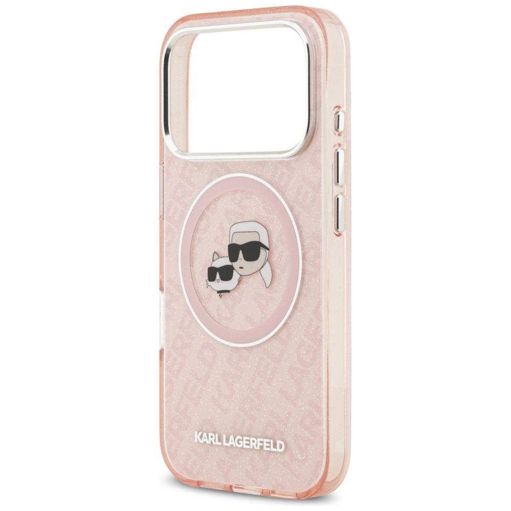 Citas preces Karl Lagerfeld Karl Lagerfeld IML Glitter Karl & Choupette Heads Logo MagSafe Case for iPhone 17 Pro - Pink