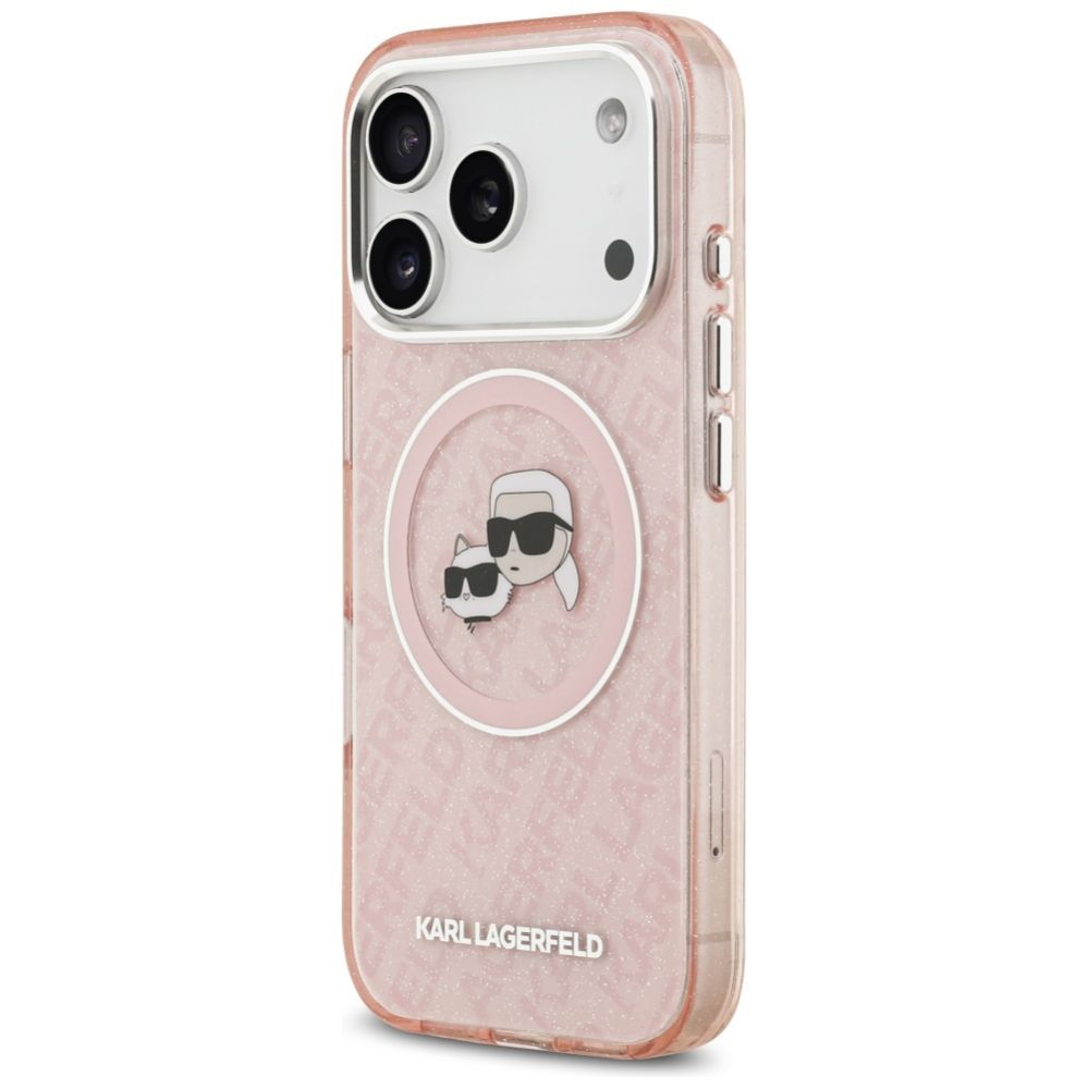Citas preces Karl Lagerfeld Karl Lagerfeld IML Glitter Karl & Choupette Heads Logo MagSafe Case for iPhone 17 Pro - Pink