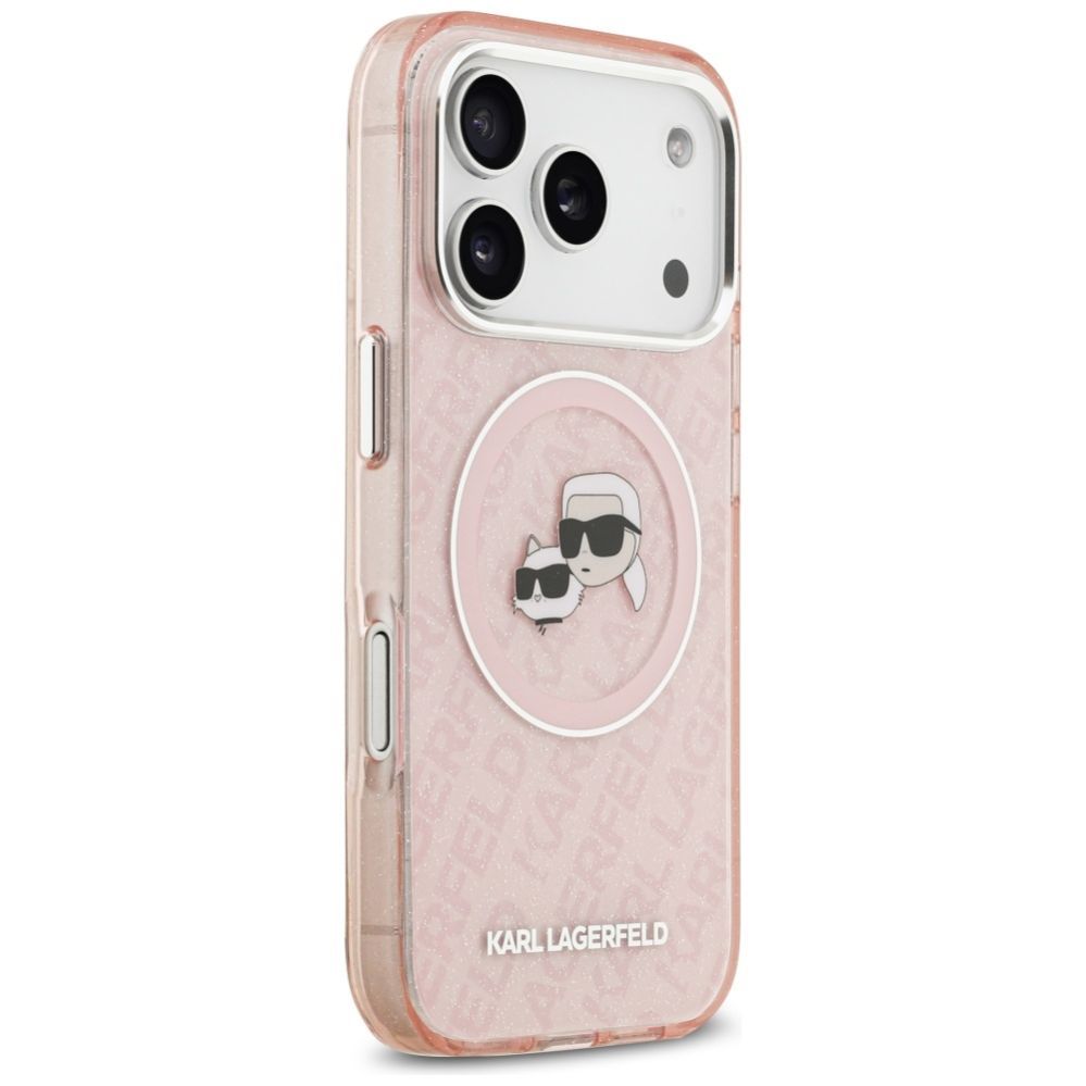 Citas preces Karl Lagerfeld Karl Lagerfeld IML Glitter Karl & Choupette Heads Logo MagSafe Case for iPhone 17 Pro - Pink