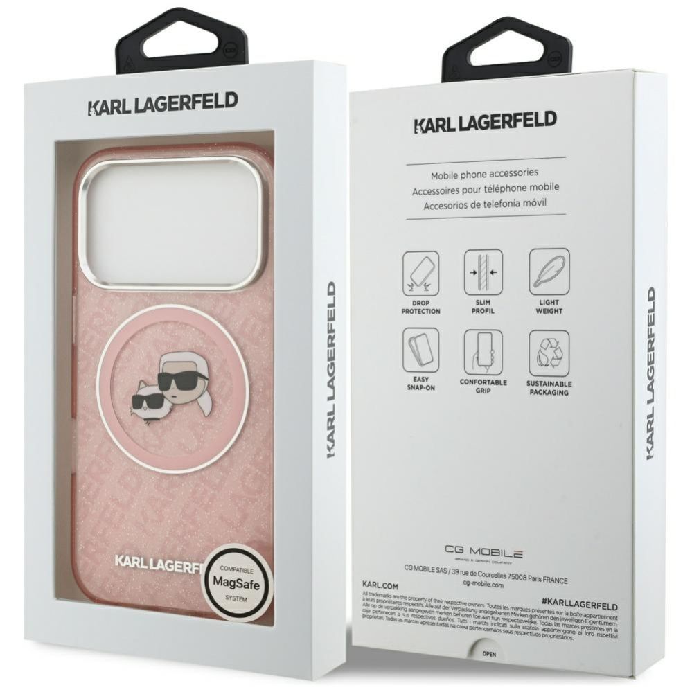 Citas preces Karl Lagerfeld Karl Lagerfeld IML Glitter Karl & Choupette Heads Logo MagSafe Case for iPhone 17 Pro - Pink
