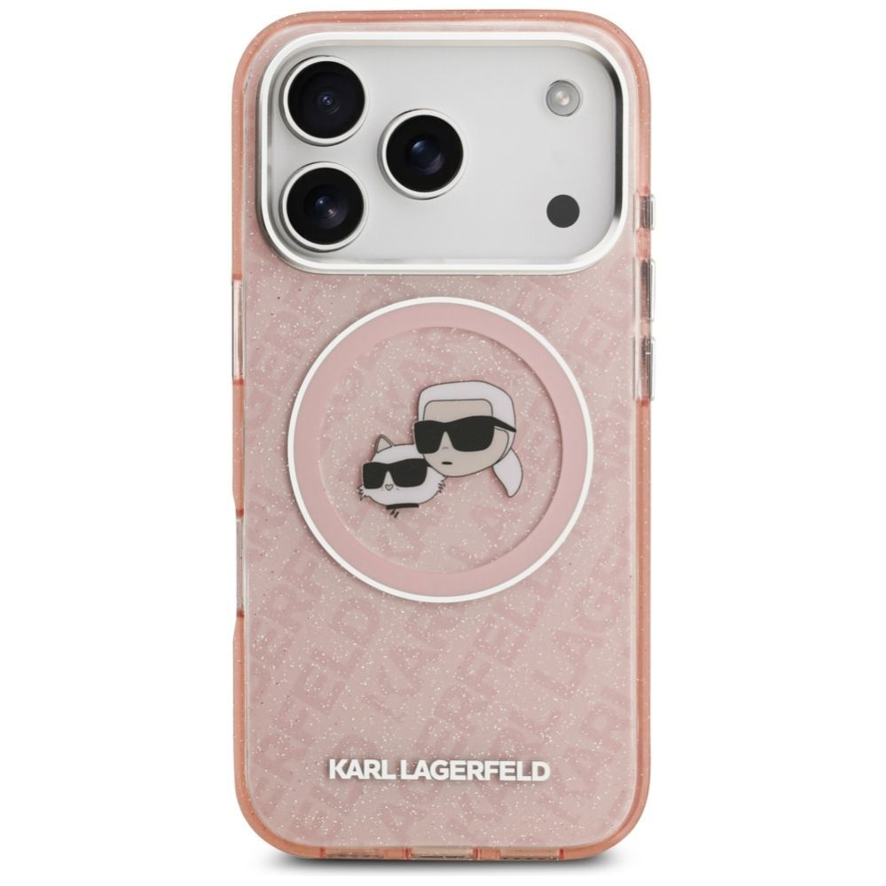 Citas preces Karl Lagerfeld Karl Lagerfeld IML Glitter Karl & Choupette Heads Logo MagSafe Case for iPhone 17 Pro - Pink