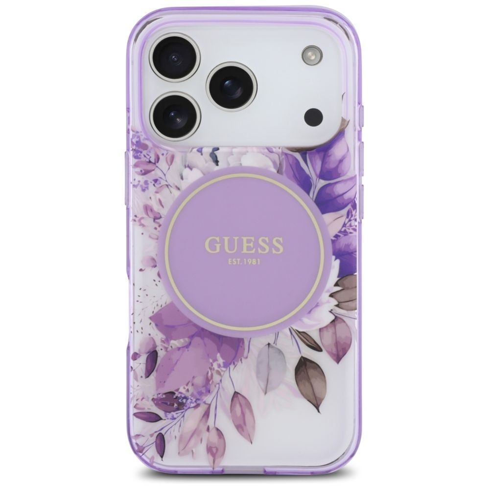 Citas preces Guess Guess IML Flower & Tonal Circle MagSafe case for iPhone 17 Pro - purple