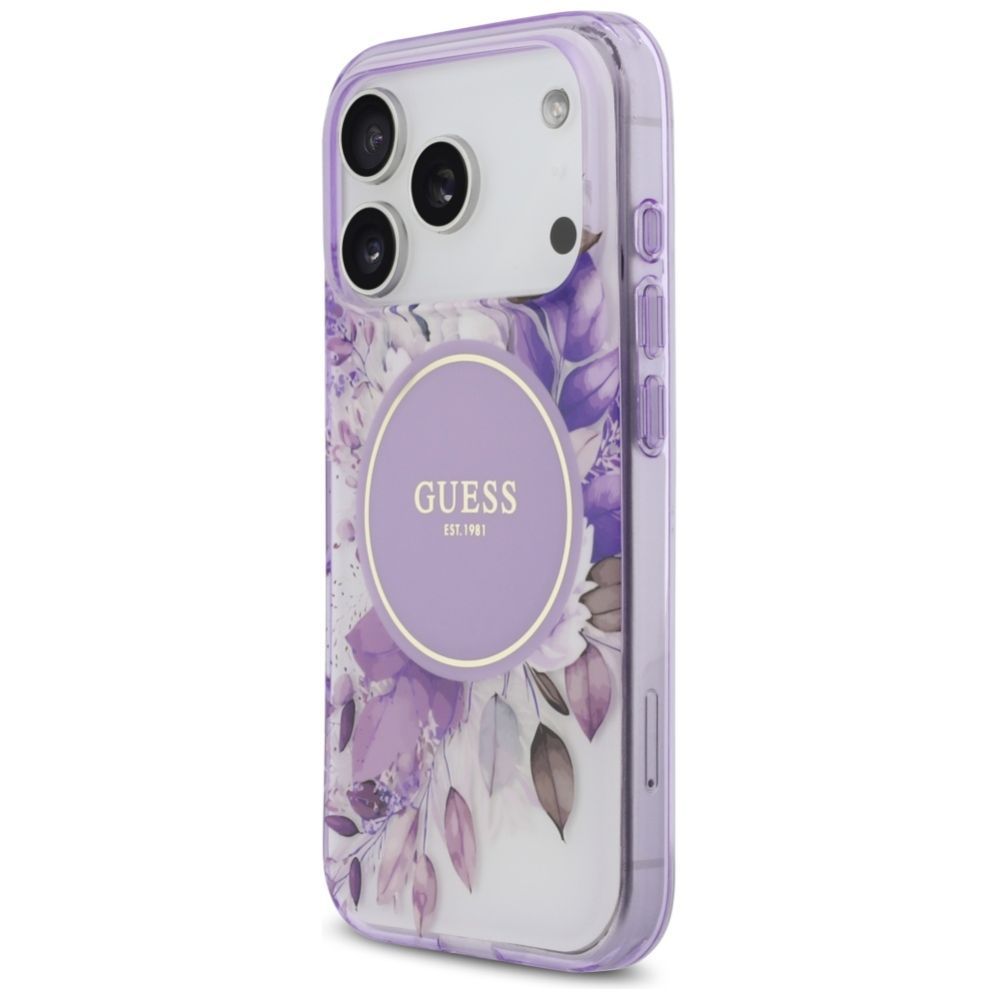 Citas preces Guess Guess IML Flower & Tonal Circle MagSafe case for iPhone 17 Pro - purple