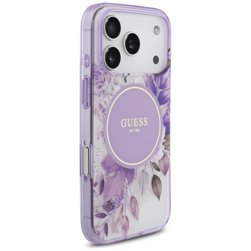 Citas preces Guess Guess IML Flower & Tonal Circle MagSafe case for iPhone 17 Pro - purple
