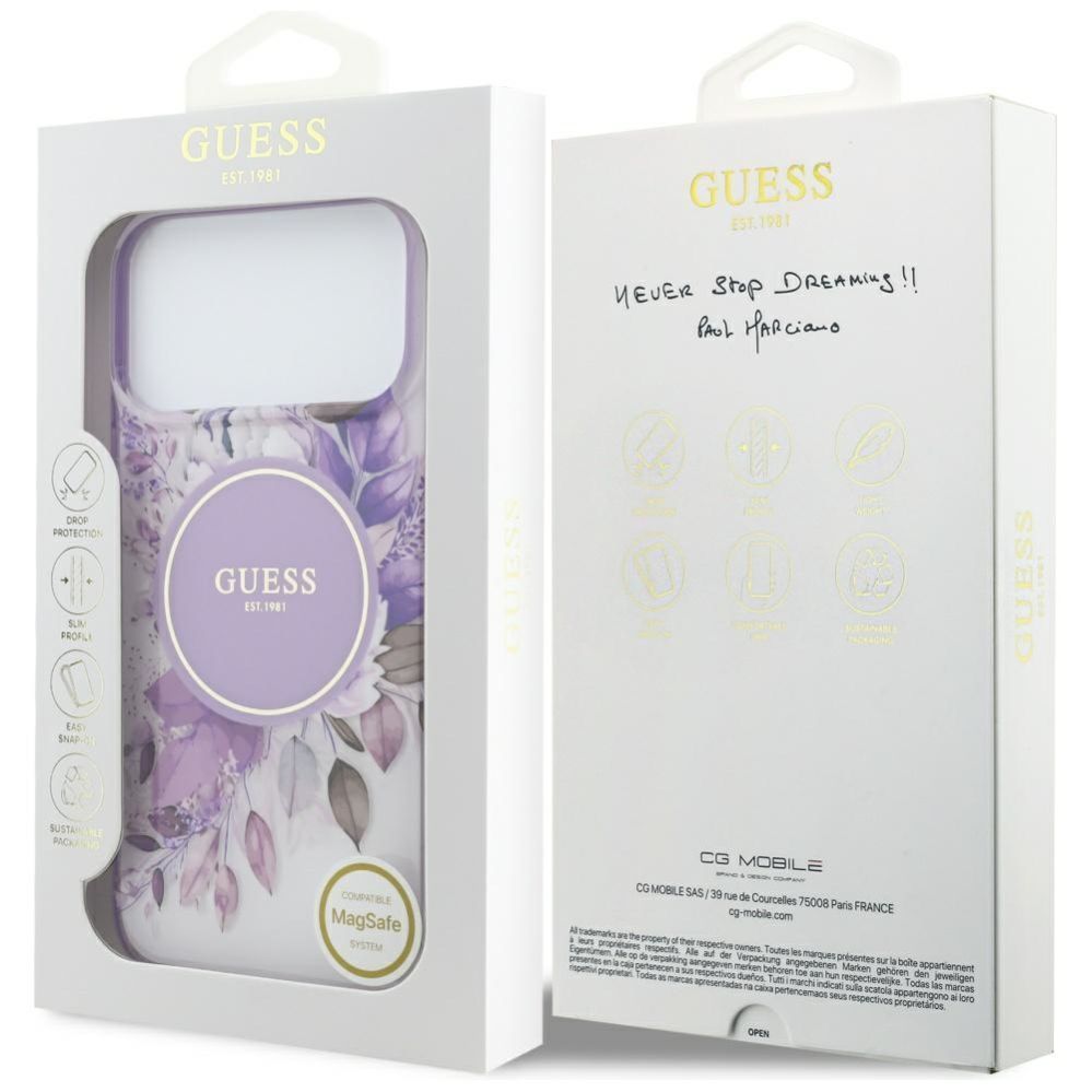 Citas preces Guess Guess IML Flower & Tonal Circle MagSafe case for iPhone 17 Pro Max - purple