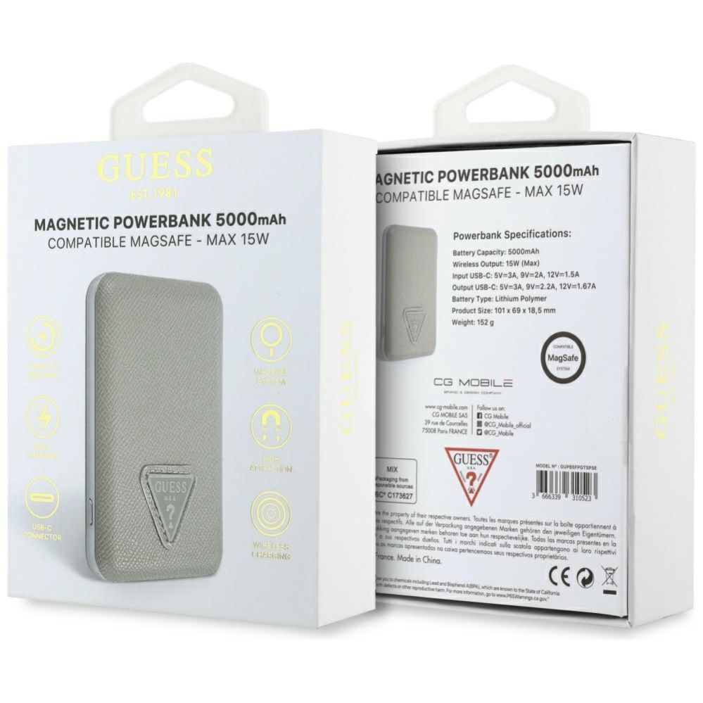 Citas preces Guess Guess Grained Triangle Power Bank with MagSafe 5000mAh 15W USB-C - Beige