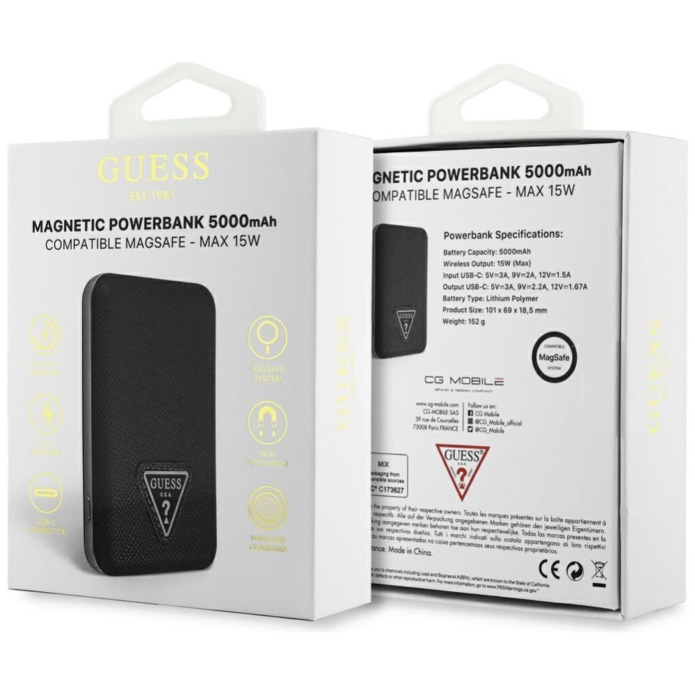 Citas preces Guess Guess Grained Triangle Powerbank with MagSafe 5000mAh 15W USB-C - black