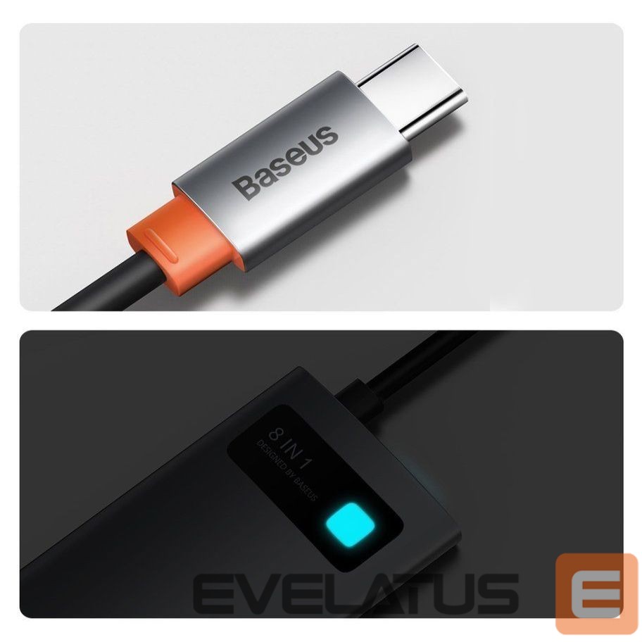 Adapteris Baseus Baseus Metal Gleam 8in1 USB-C - USB-C PD 100W HUB 1x HDMI 4K 30Hz 1x SD and microSD card reader 3x USB-A 3.2 1xRJ45 - gray