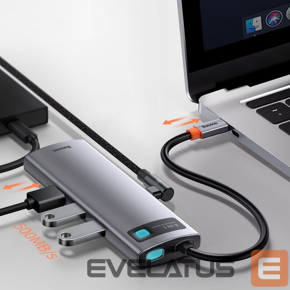 Adapteris Baseus Baseus Metal Gleam 8in1 USB-C - USB-C PD 100W HUB 1x HDMI 4K 30Hz 1x SD and microSD card reader 3x USB-A 3.2 1xRJ45 - gray