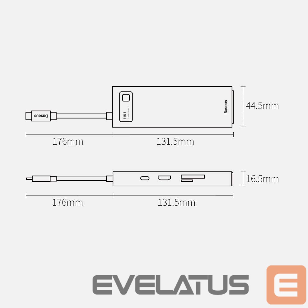 Adapteris Baseus Baseus Metal Gleam 8in1 USB-C - USB-C PD 100W HUB 1x HDMI 4K 30Hz 1x SD and microSD card reader 3x USB-A 3.2 1xRJ45 - gray