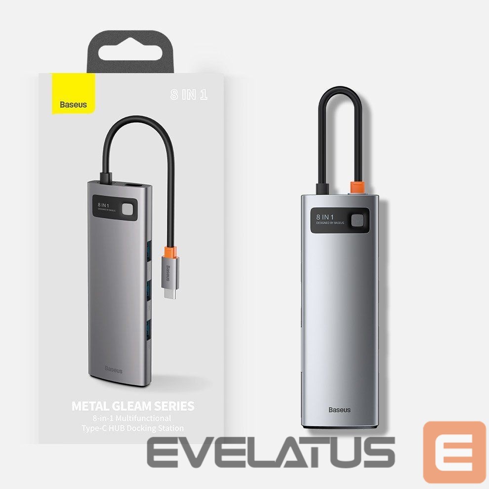 Adapteris Baseus Baseus Metal Gleam 8in1 USB-C - USB-C PD 100W HUB 1x HDMI 4K 30Hz 1x SD and microSD card reader 3x USB-A 3.2 1xRJ45 - gray