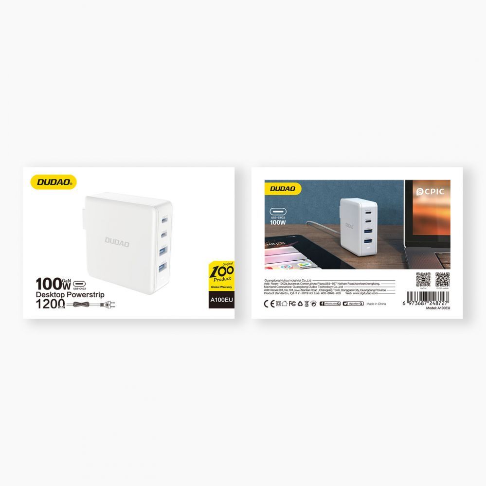 Adaptrid Dudao GaN 100W fast wall charger 2 x USB-C / 2 x USB Dudao A100EU - white