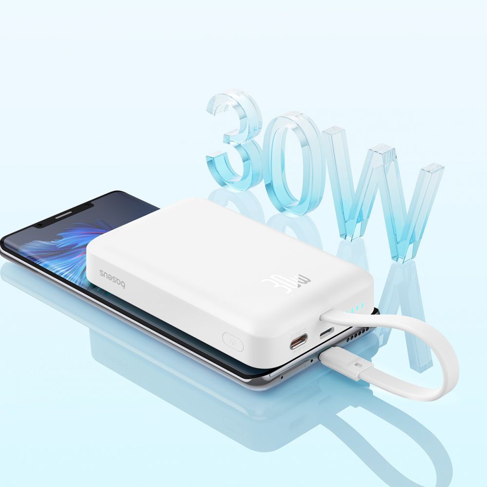 Väline aku Baseus Baseus Magnetic Mini MagSafe 10000mAh 30W powerbank with built-in USB-C cable - white + Baseus Simple Series USB-C - USB-C 60W 0.3m cable