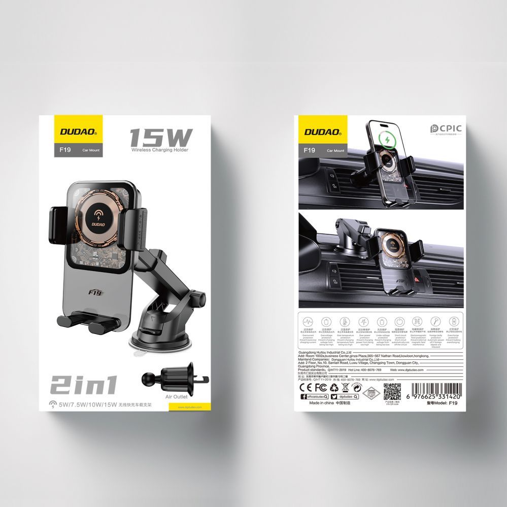 Auto turētājs Dudao Dudao F19 clamp car holder with 15W inductive charger - black
