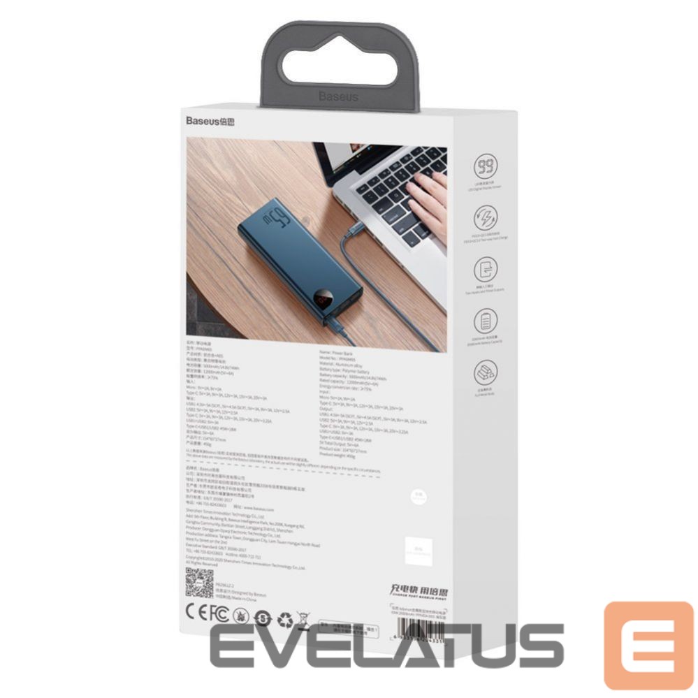 Väline aku Baseus Baseus Adaman powerbank 2x USB / 1x USB Type C / 1x micro USB 20000mAh 65W Quick Charge 3.0 Power Delivery black (PPIMDA-D01)